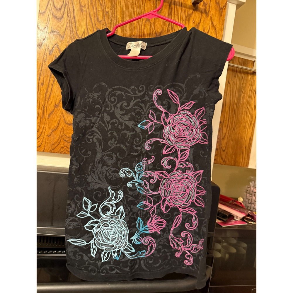 Twisted Courtesy Womens Black Glitter Rose Graphic Tee Shirt Y2K Style Size M